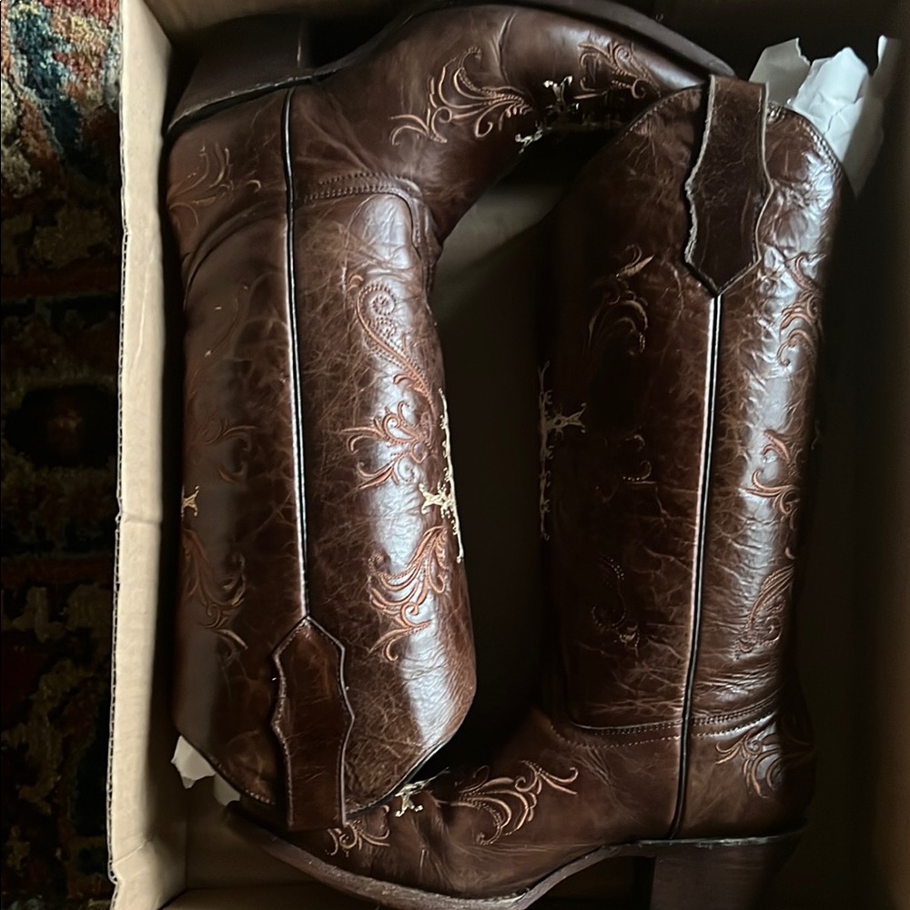 Circle G Brown Embroidered Leather Cowboy Boots by Corral Boot Co. with box.